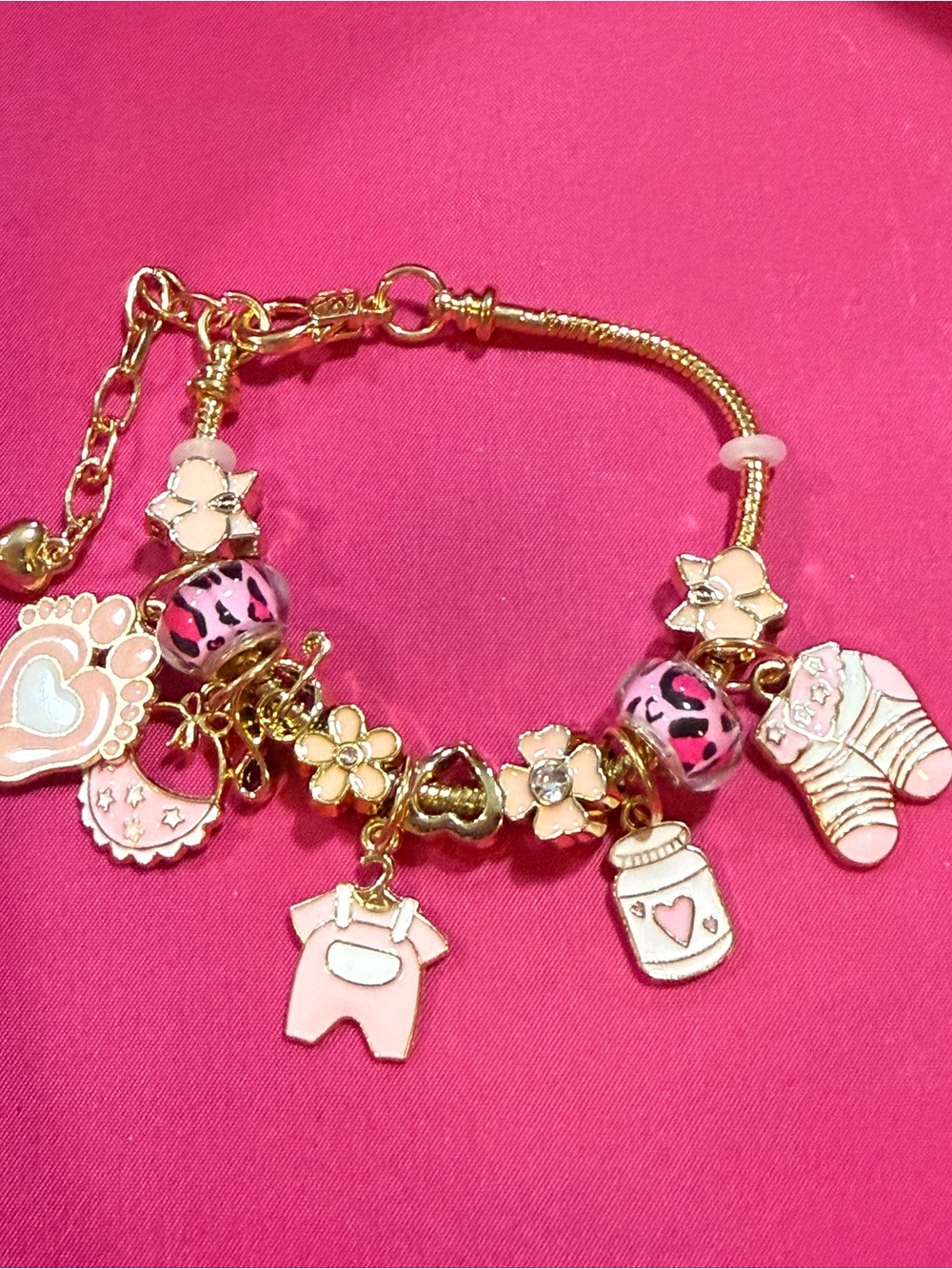Gold-Tone Pink Baby Charm Bracelet for Kids